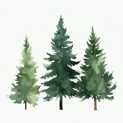 Watercolor Painting of Three Evergreen Trees
