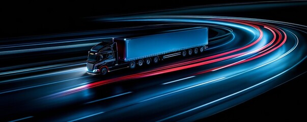 Obraz premium Nighttime highway racing: black truck speeding through luminous red and blue light streaks, capturing intense velocity and movement