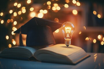 The concept of education symbolized by a graduation cap and a glowing light bulb positioned above an open book