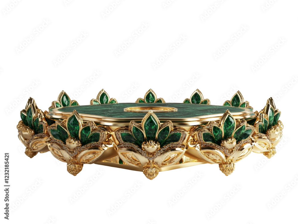 Poster A luxurious circular display crafted from gold and adorned with green gemstones, ideal for showcasing precious artifacts.