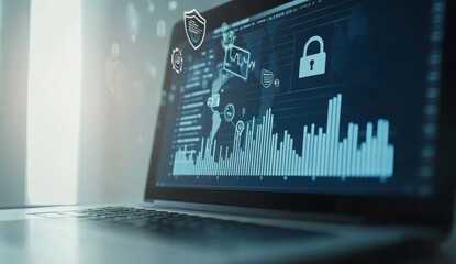 Laptop displaying cybersecurity data analytics, charts, and security icons.