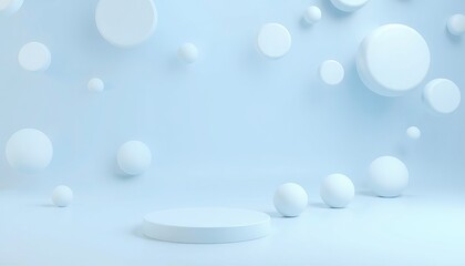 Modern minimalist scene with floating white spheres, circular platform and soft blue background.