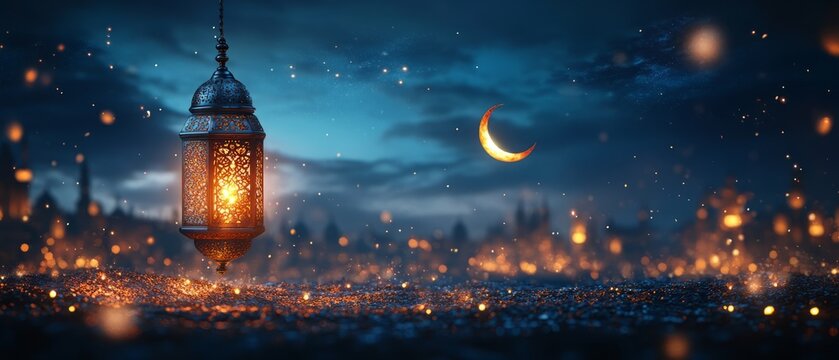 A Glowing Lantern Hangs Under A Crescent Moon, Casting Light On A Glittering, Starlit Landscape.  It Evokes Peace And Celebration.