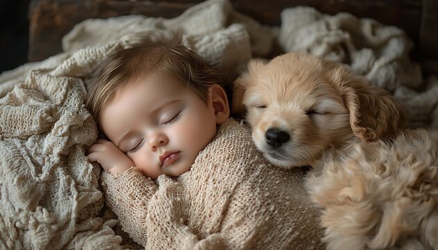 A heartwarming scene a sleeping baby alongside a puppy, both sharing a peaceful nap.