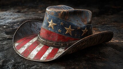 Vintage American Flag Cowboy Hat A weathered classic cowboy hat adorned with a distressed American flag patch, symbolizing the blend of Western heritage and patriotic pride This iconic image