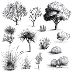 Fototapeta premium Ink Drawings of Various Trees and Plants