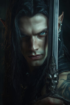 cinematic photo of a strong, mysterious man with sharp features, piercing blue eyes, pointed elven ears adorned with silver jewelry, long black hair styled in a sleek, edgy way 