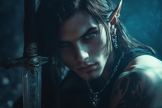 cinematic photo of a strong, mysterious man with sharp features, piercing blue eyes, pointed elven ears adorned with silver jewelry, long black hair styled in a sleek, edgy way 