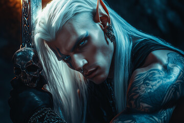 cinematic photo of a strong, mysterious man with sharp features, piercing blue eyes, pointed elven ears adorned with silver jewelry, long white hair styled in a sleek, edgy way 