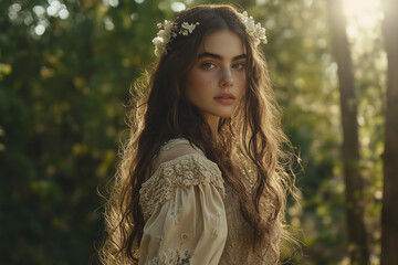 Naklejka premium cinematic photo of a young woman with long wavy hair adorned with small flowe in a serene forest setting, wearing an ornate beige dress with intricate embroidery and floral accents 