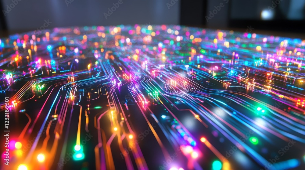Poster colorful illuminated circuit board with glowing lights in a modern technology setting