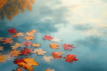 mystical autumn lake scene with maple and oak leaves floating on mirror-like water, golden hour light, fog rolling across surface
