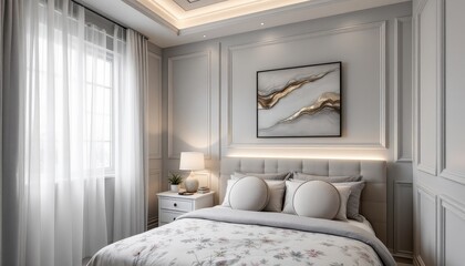 Fototapeta premium Serene Bedroom Interior with Elegant Wall Art and Sheer Curtains Design