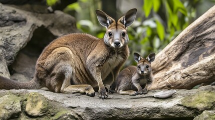 Bennett's wallaby - Macropus or Notamacropus rufogriseus, also Red-necked wallaby, medium-sized macropod marsupial, common in eastern Australia, Tasmania, male with pup