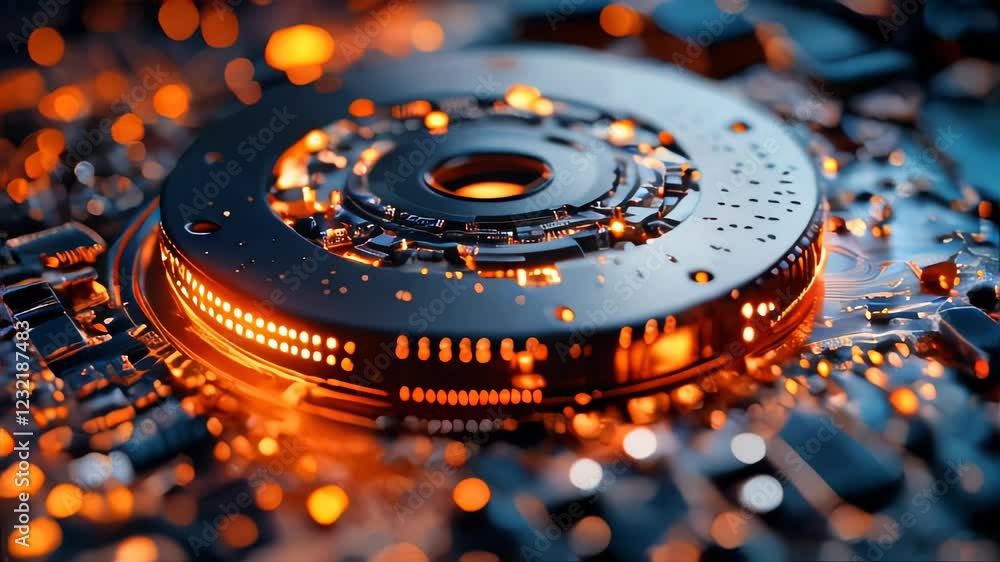 Poster a futuristic, illuminated hard drive or data storage component with glowing circuit elements