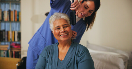 House, brushing hair and old woman with nurse, smile and beauty with grooming routine. Medical, professional and mature person with caregiver, elderly care and help with retirement and pensioner