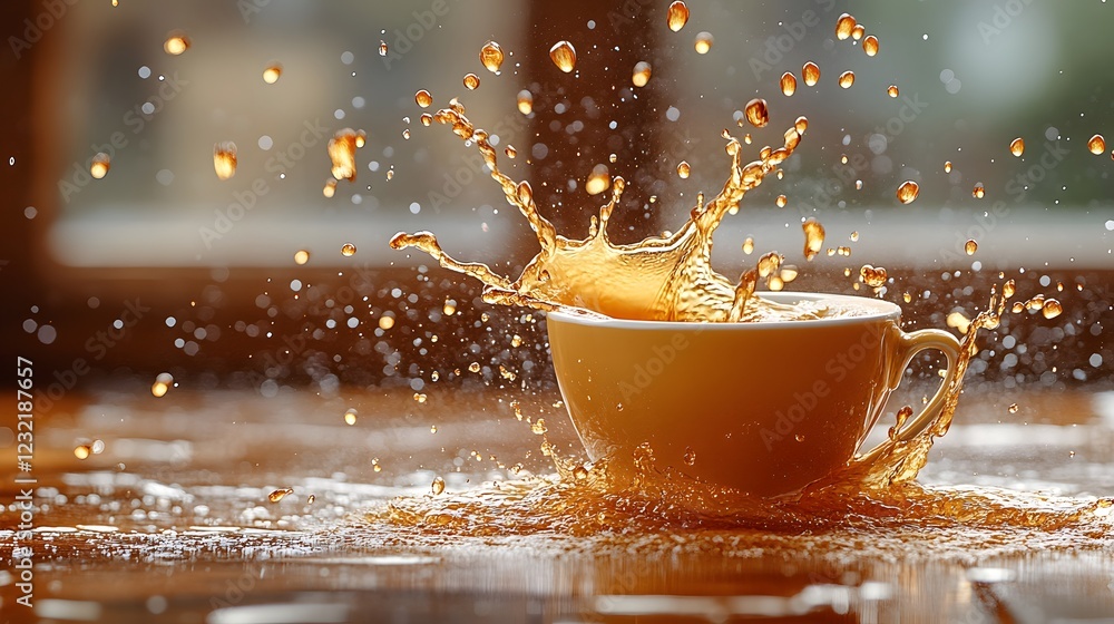 Poster Coffee cup spins and flips in midair sending beads of coffee splashing on the table After a few bounces it tips over pouring a steady stream of coffee in an elegant chaotic cascade