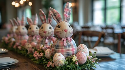 A display of DIY Easter centerpieces, including handmade fabric bunnies, colorful eggs, and faux flowers, arranged on a table