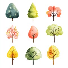 Obraz premium Watercolor Illustrations of Nine Different Autumn Trees
