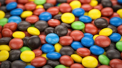 Obraz premium Colorful candy coated chocolate buttons, close-up, studio shot, food background, confectionery