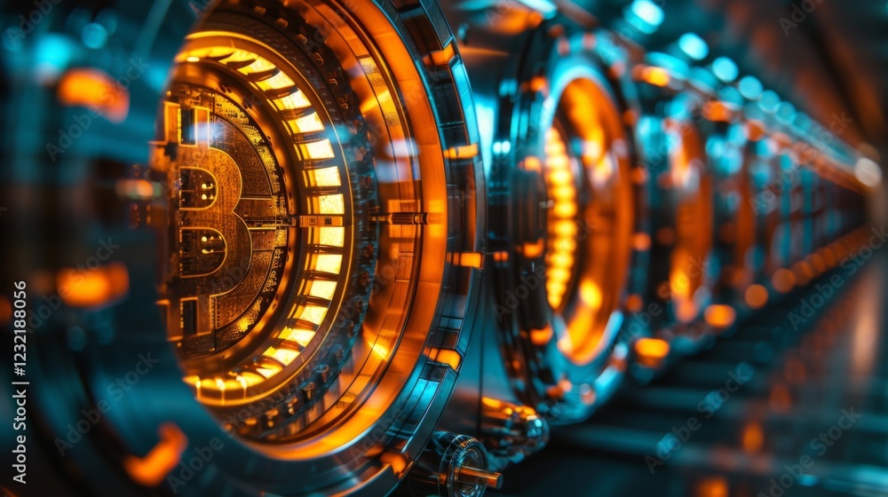 Poster inside a modern mining facility, intricate machines reveal glowing bitcoin symbols surrounded by col