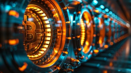 Inside a modern mining facility, intricate machines reveal glowing bitcoin symbols surrounded by colorful circuits, highlighting the high energy environment of cryptocurrency production.