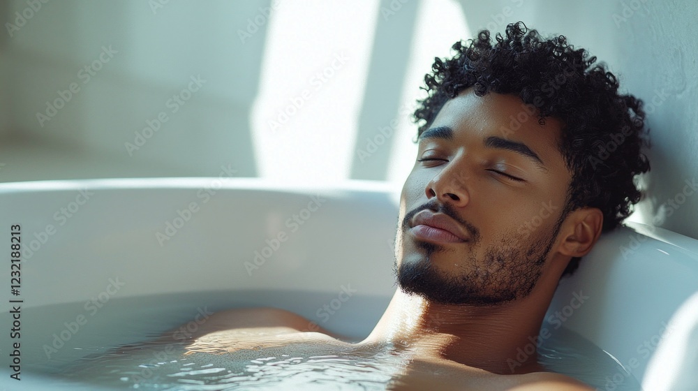 Poster a multiethnic man is gently resting in a sleek bathtub filled with water, soaking in tranquility as 