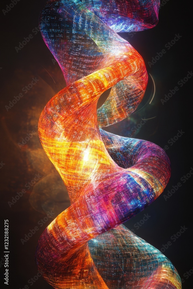 Wall mural vibrant abstract dna helix with digital patterns and colorful light effects on dark background