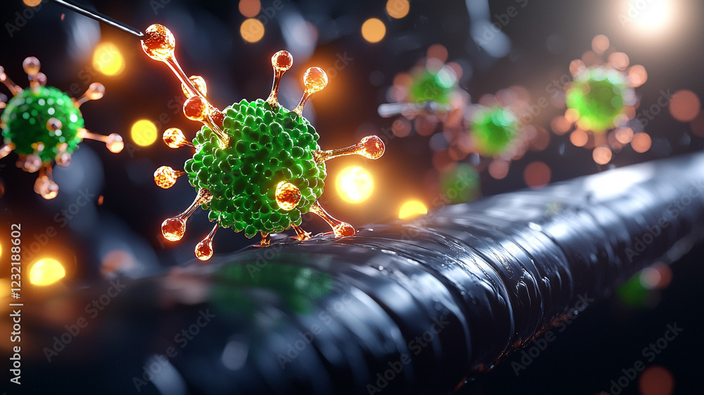 Poster microscopic viruses interacting with cylindrical structure a 3d rendering of viral activity