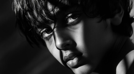Dramatic black and white portrait of a young boy with a serious expression, illuminated by a strong light source