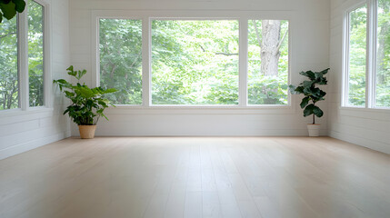 Obraz premium Bright sunroom, hardwood floor, plants, green view. Home design, real estate