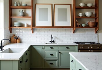 Farmhouse Style Open Kitchen: Sage Green Cabinets, Black & Copper Handles, White Tile Splashback, Timber Shelves, Floating Canvas, Minimalist Design, Rustic Design, Natural Light, Bright.
