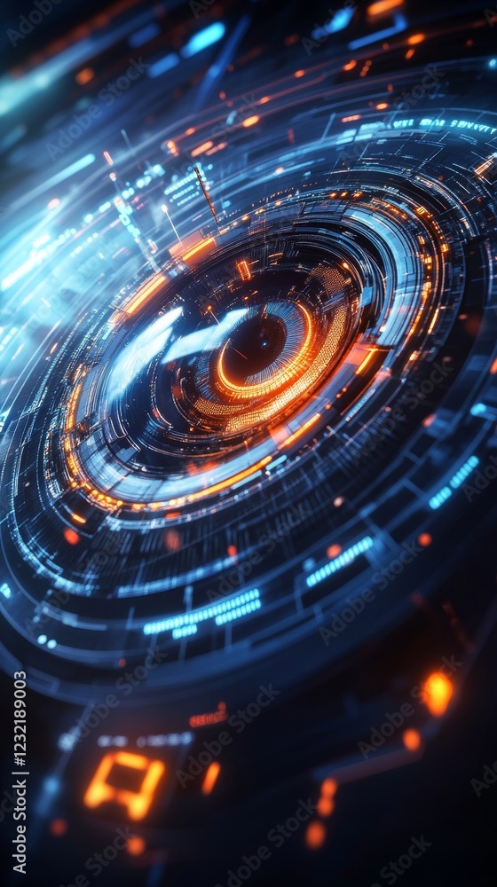Aufkleber circular hud interface glowing with orange and blue lights, spinning and processing digital data for