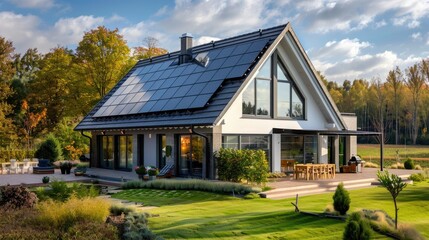 Solar panels on the gable roof of a beautiful modern home.