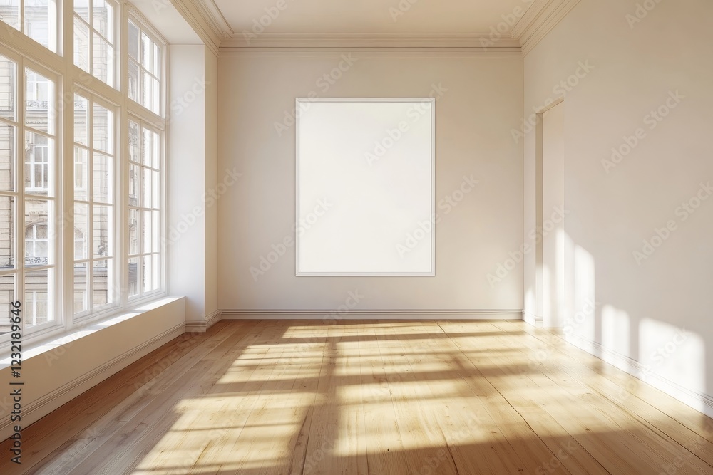 Poster sunlit empty room with large window and blank poster.