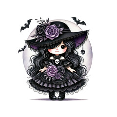 A charming gothic doll adorned with roses and a witch hat, exuding a whimsical yet eerie vibe perfect for Halloween themes.