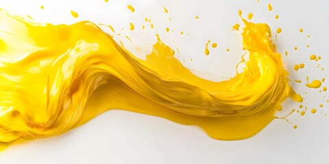 Fototapeta premium Vibrant yellow paint fluid flowing on a white background, creates a visual effect, generative AI
