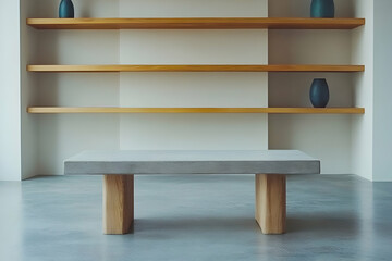 Concrete coffee table, minimalist shelves, bright room