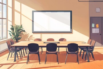 Sunlit conference room with long table, chairs, whiteboard, and plant.