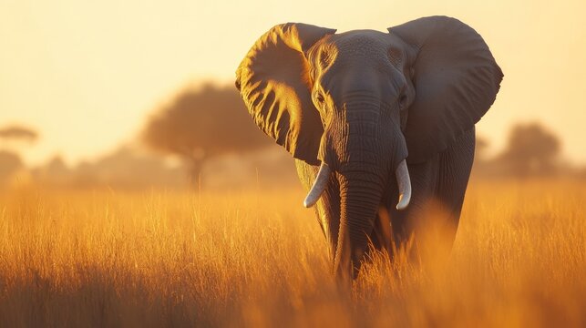 African Elephant standing tall in the golden light of an African sunset