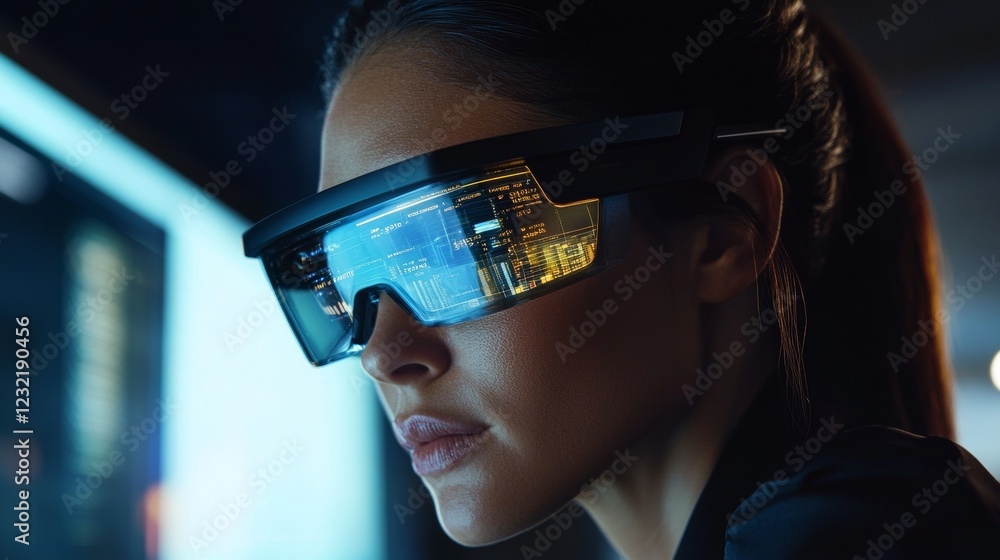 Poster close-up of a software engineer wearing augmented reality glasses working with futuristic interface 
