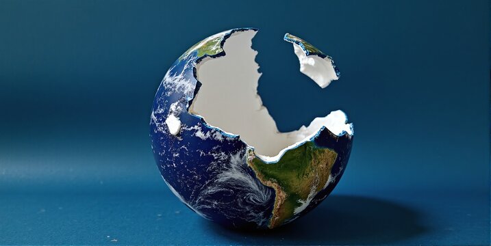 A freestanding globe, shattered and broken, stands alone. Earth's fragmented pieces reveal a world in disarray, symbolizing global crisis