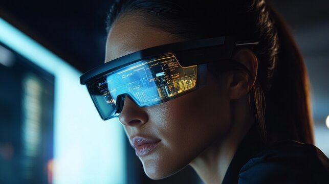 Close-up of a software engineer wearing augmented reality glasses working with futuristic interface in a server room