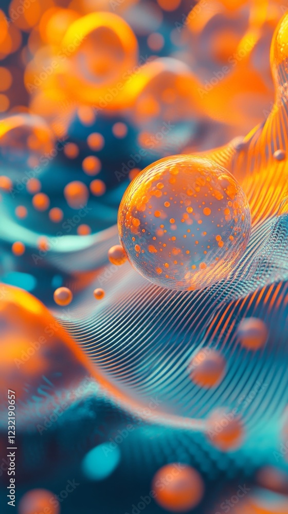 Poster abstract 3d render with orange and teal spheres floating over a wavy surface, perfect for background