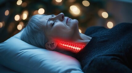 An elderly woman lies in bed with an illuminated spine overlay highlighting neck pain affecting sleep quality.