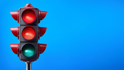 bright red traffic light on a blue background with copy space for creative and professional use in editorial projects