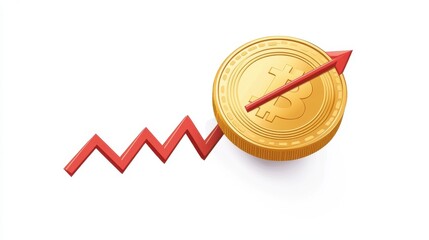 A single golden coin with a rising stock arrow, economic success concept, vector flat design, isolated on white background