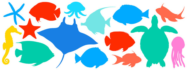 Colorful silhouette illustrations of various tropical fishes, starfishes, jellyfishes and sea turtle isolated on transparent background © Mori Takai