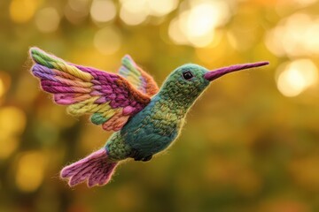 needle-felted hummingbird in flight, iridescent wool fibers capturing rainbow colors, detailed wing patterns and delicate beak