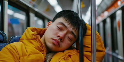 Young Man Sleeping on Public Transportation
